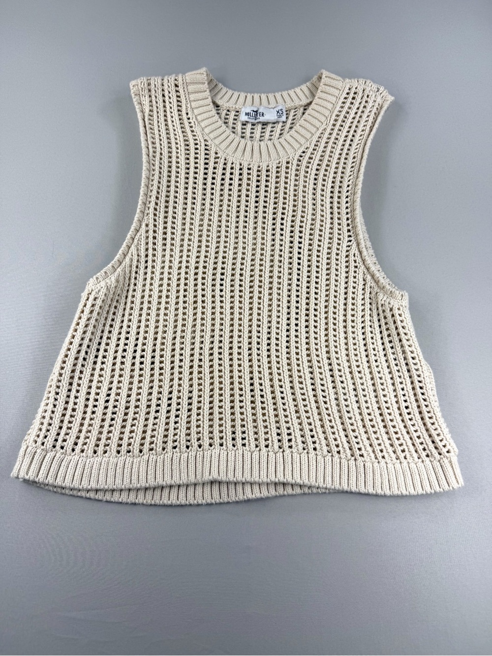 Hollister Open Knit Sweater Tank Top XS Cream Crochet Coastal Boho Sleeveless